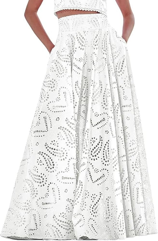 utcoco Womens 2025 Summer Eyelet Lace Embroidered Boho Skirt Hollow Out Smocked Waist Maxi Skirt ... | Amazon (US)