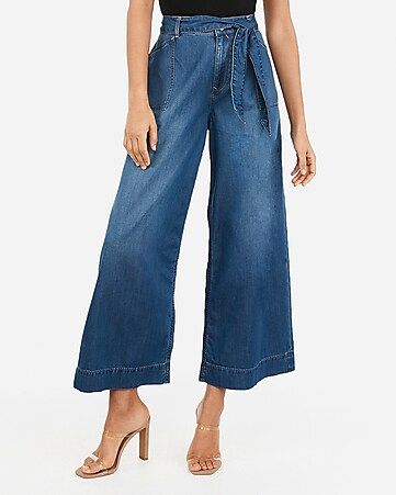 High Waisted Belted Cropped Wide Leg Jeans | Express