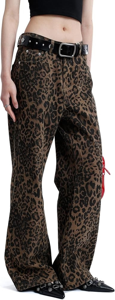Vamtac Leopard Print Jeans for Women Y2k Leopard Straight Leg Trousers Baggy Cheetah Pants Street... | Amazon (US)