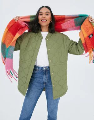 Women's Khaki Quilted Bomber Style Jacket | Threadbare