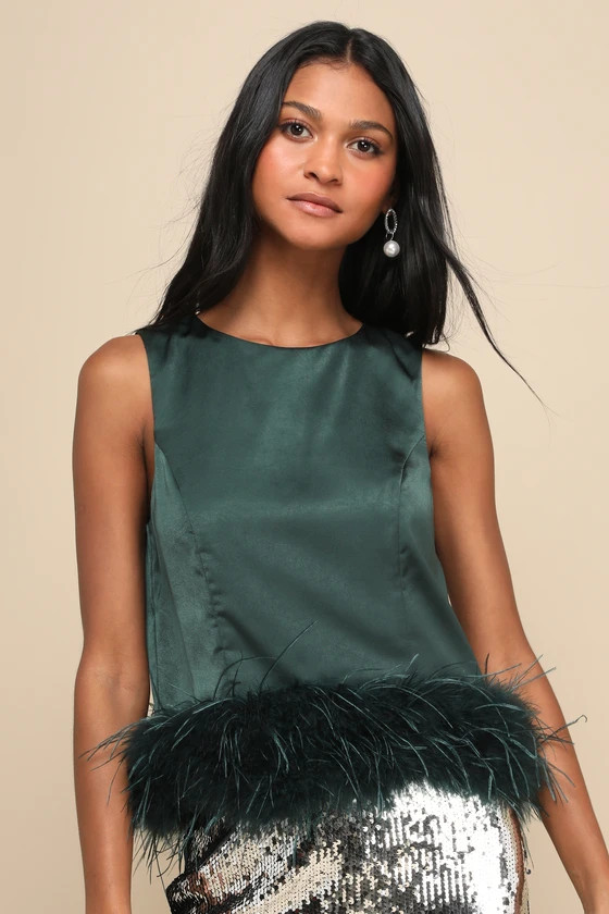 Fancy Fixation Emerald Green Satin Feather Tank Top | Lulus