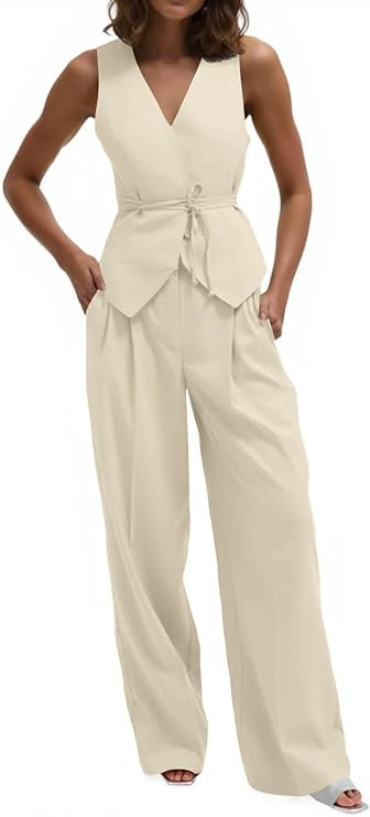 Cicy Bell Womens 2 Piece Outfits V Neck Tie Waist Blazer Vest and Wide Leg Business Casual Suit P... | Amazon (US)