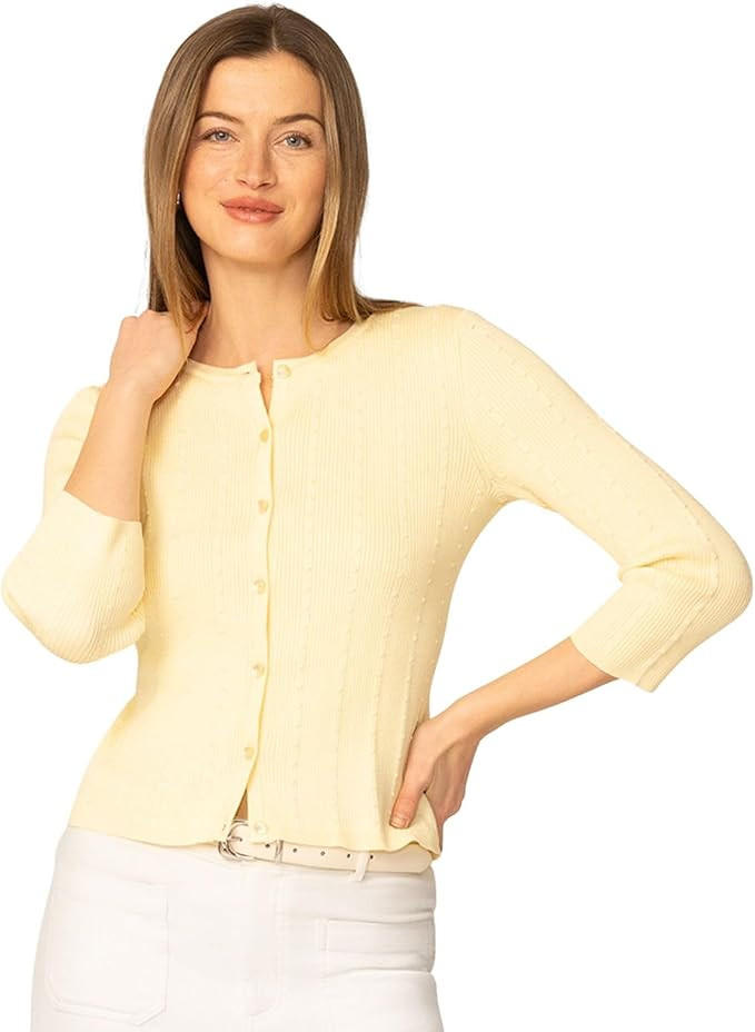 Cable & Gauge Textured Rib Crewneck Cardigan, 3/4 Sleeve, Button Front for Women | Amazon (US)
