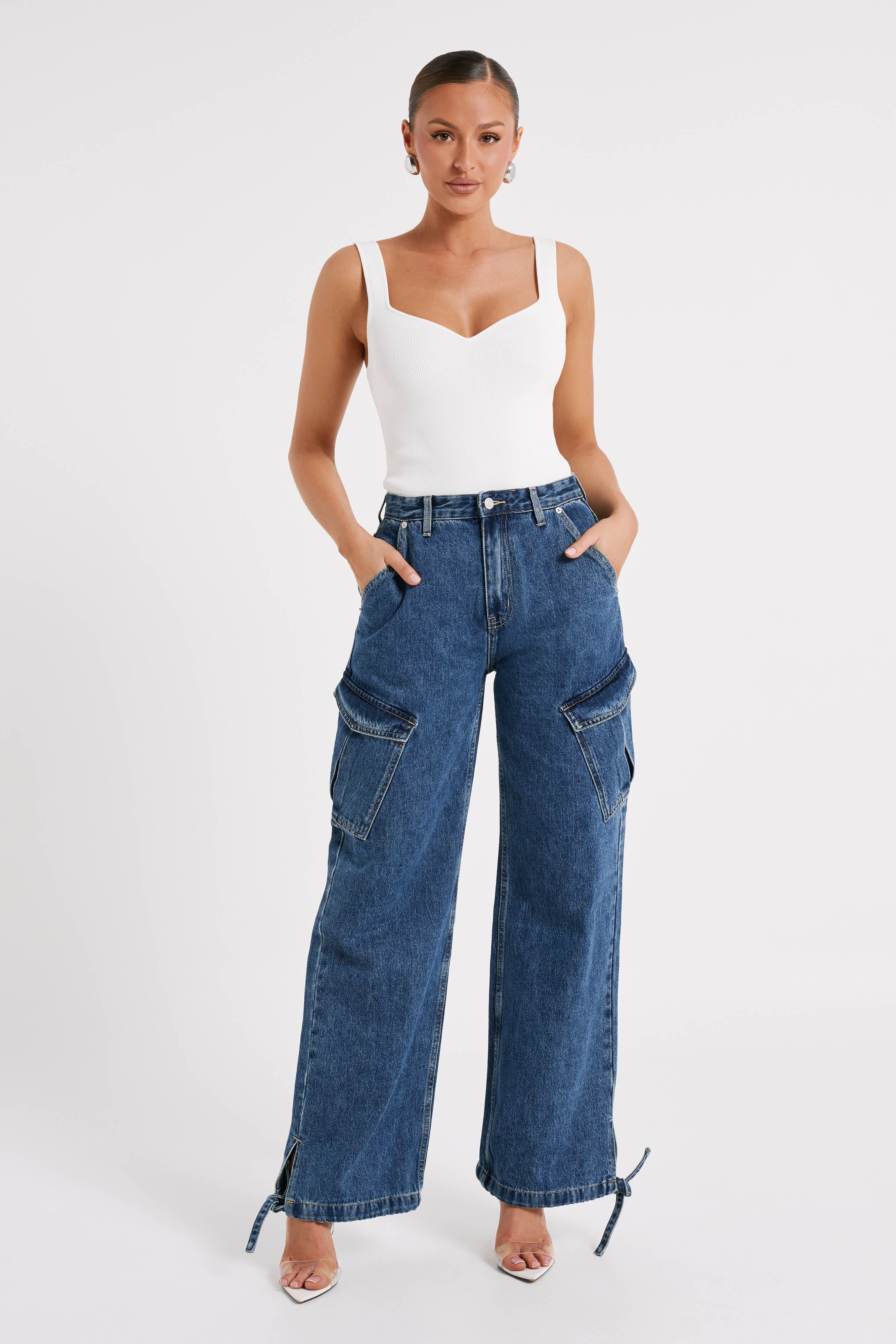 Thelma Relaxed Denim Cargo Pants - Dark Blue | MESHKI US