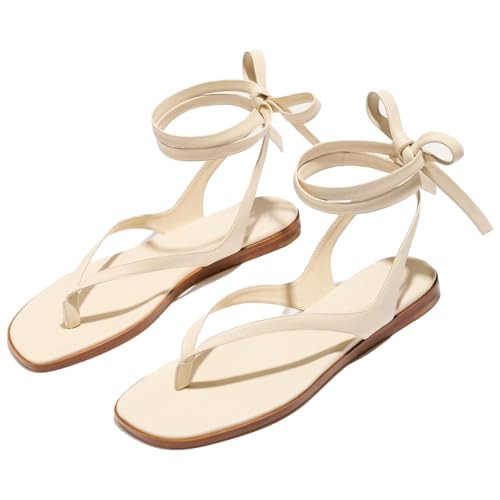 RJYLP Strappy Flat Sandals for Women Open Toe Lace Up Thong Sandals Comfortable Dressy Beach Flip Flops Shoes | Amazon (US)