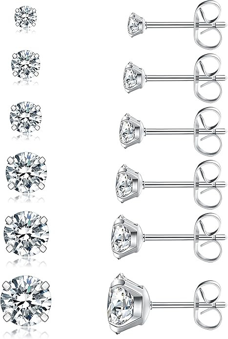 6 Pairs Stud Earrings Set, Hypoallergenic Cubic Zirconia 316L Earrings Stainless Steel CZ Earring... | Amazon (US)
