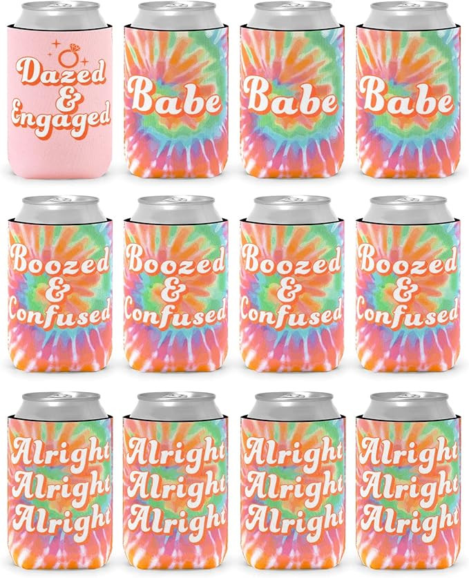 12 PCS Hippie Tie Dye Bachelorette Party Can Sleeves Dazed and Engaged Beverage Sleeves Retro Bri... | Amazon (US)