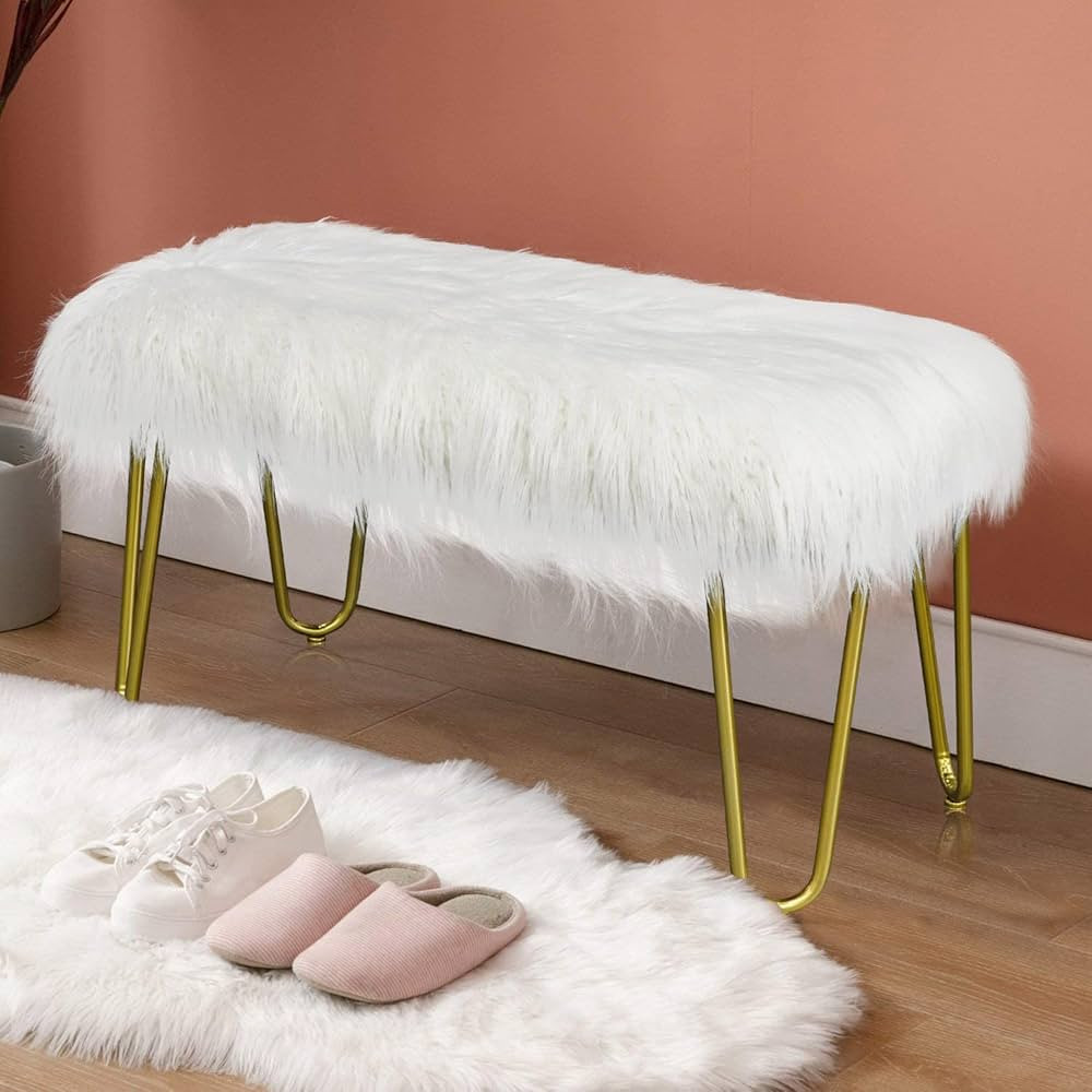 IVANE Faux Fur Bench, White, Metal Frame, Plush Upholstery, Gold Metal Legs, 300 lb Weight Capaci... | Amazon (US)