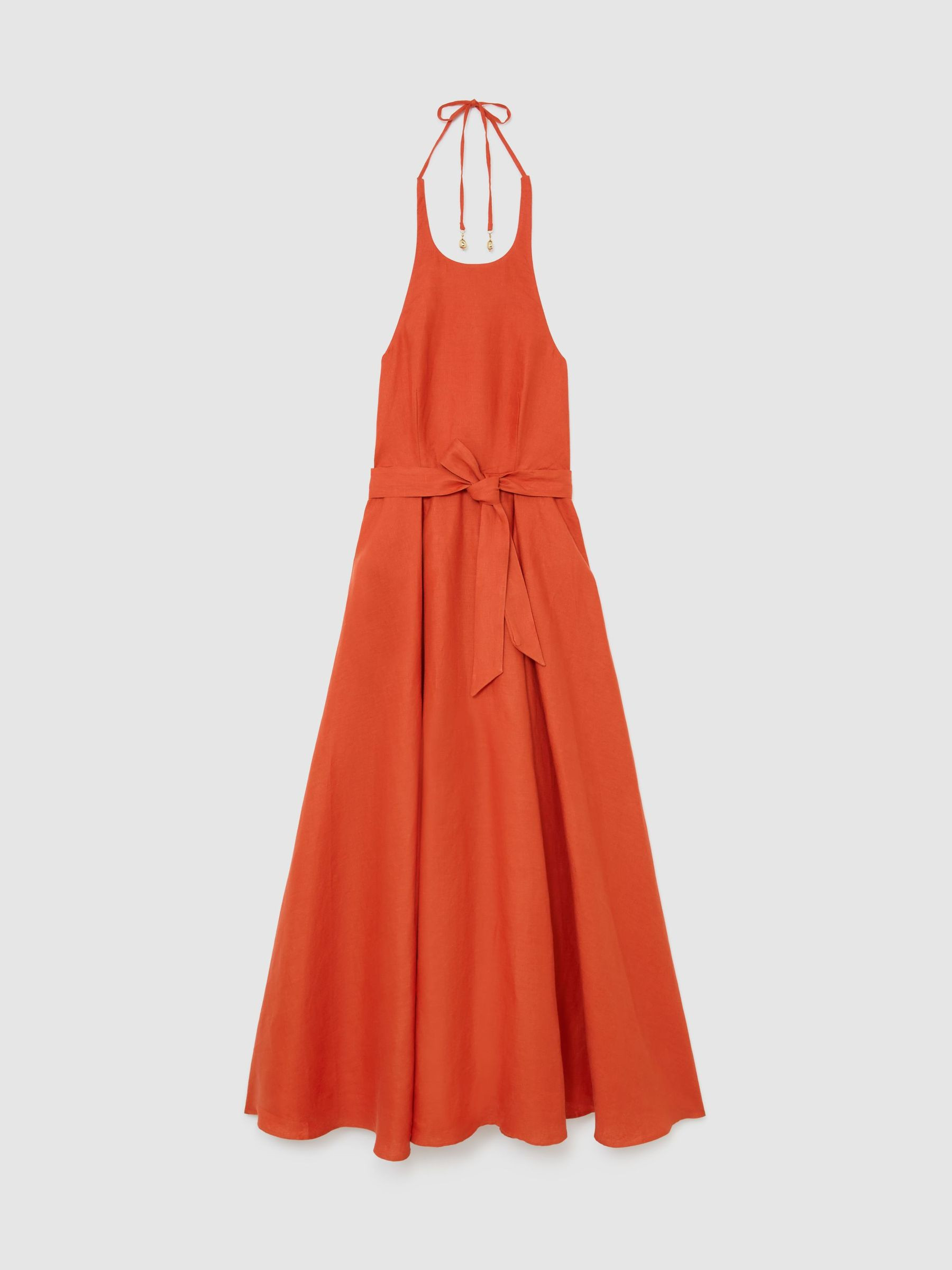 Reiss Linen Open-Back Maxi Dress in Coral Orange - REISS | Reiss UK