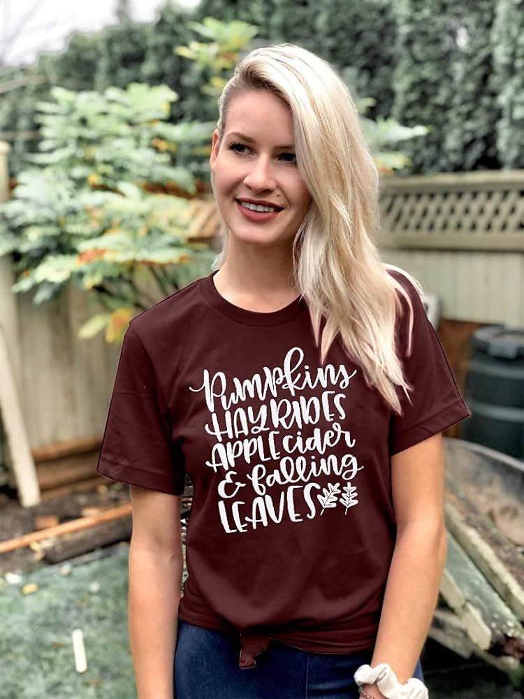 Pumpkins Hayrides Apple Cider and Falling Leaves T-Shirt Women Thanksgiving Graphic Fall Shirt Fu... | Amazon (US)