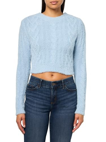 Forever 21 Women's Fuzzy Cable Knit Cropped Sweater Stone Blue Small | Amazon (US)