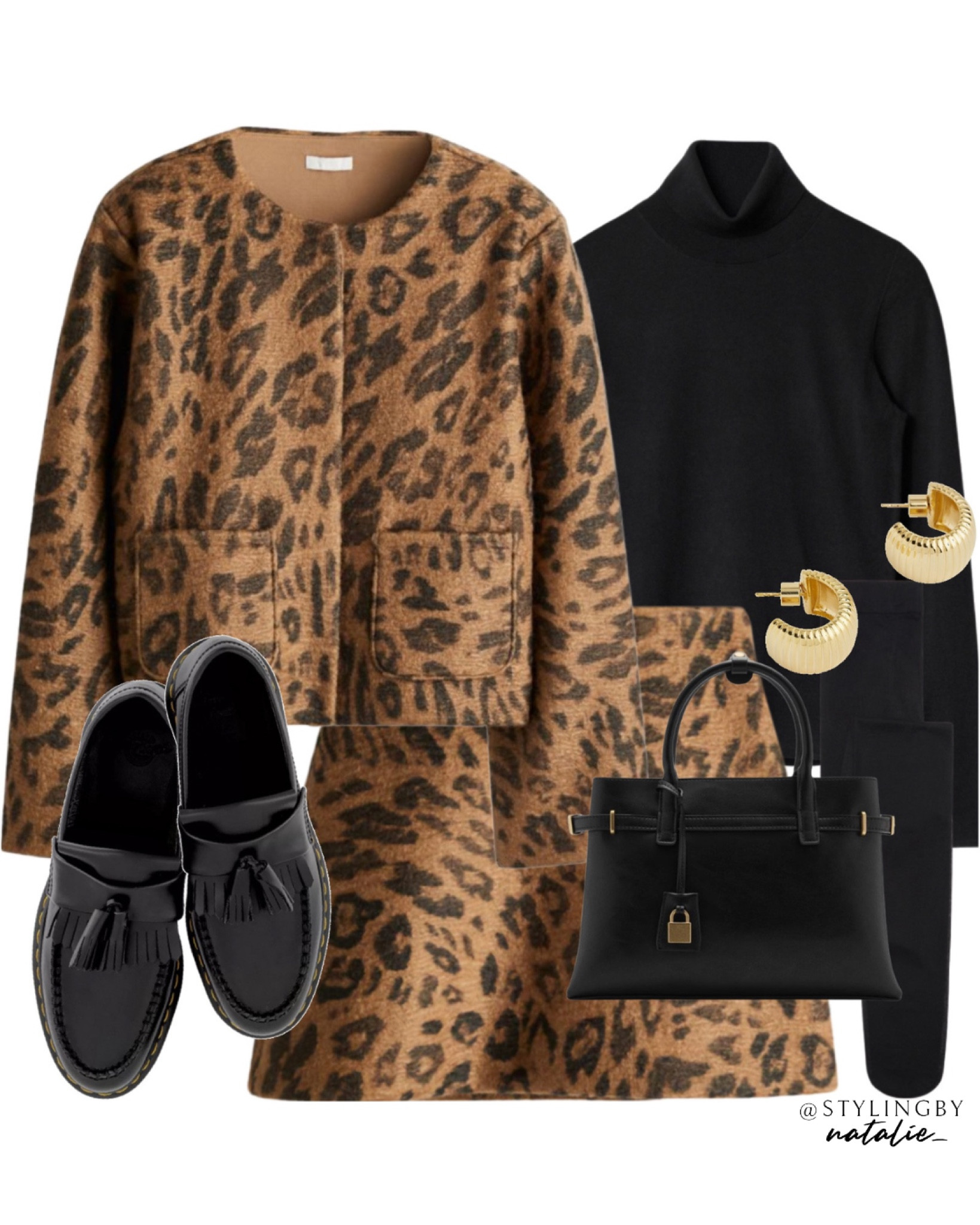 Leopard print skirt co-ord set, suit jacket & matching mini skirt, long sleeve black turtleneck, Dr Marten tassel loafers, gold hoop earrings & handbag.
Animal print, matching set, coord set, work wear, tights, casual chic.

#LTKeurope #LTKstyletip #LTKworkwear