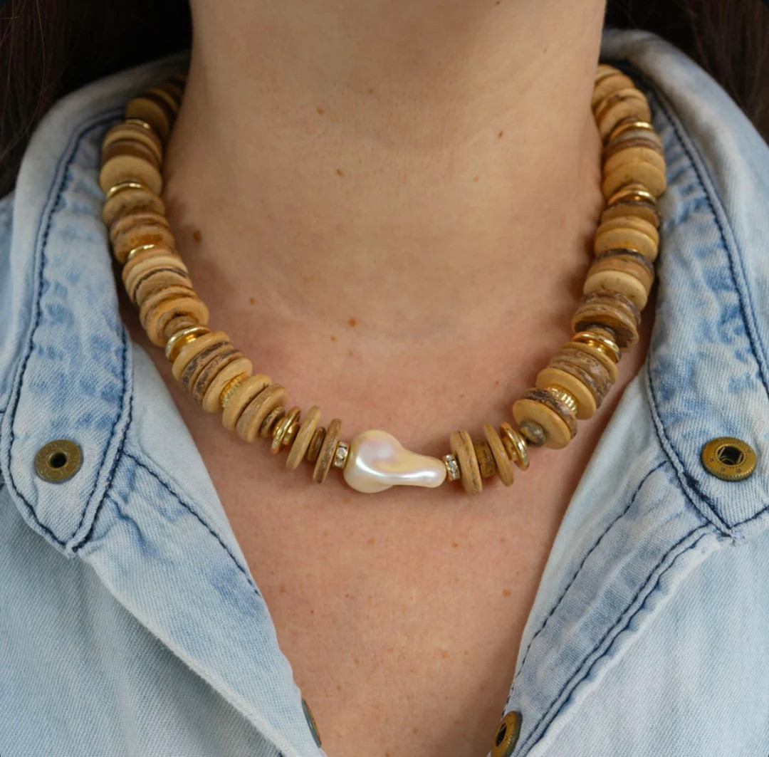 Raw Coconut Wood & Pearl Necklace | Erin McDermott Jewelry