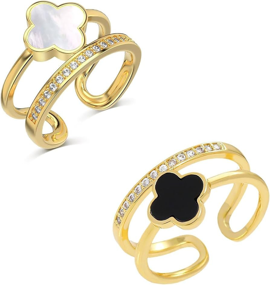 Gold Four Leaf Clover Ring for Women, Dainty Statement Adjustable Open Cubic Zirconia Ring,Jewelr... | Amazon (US)