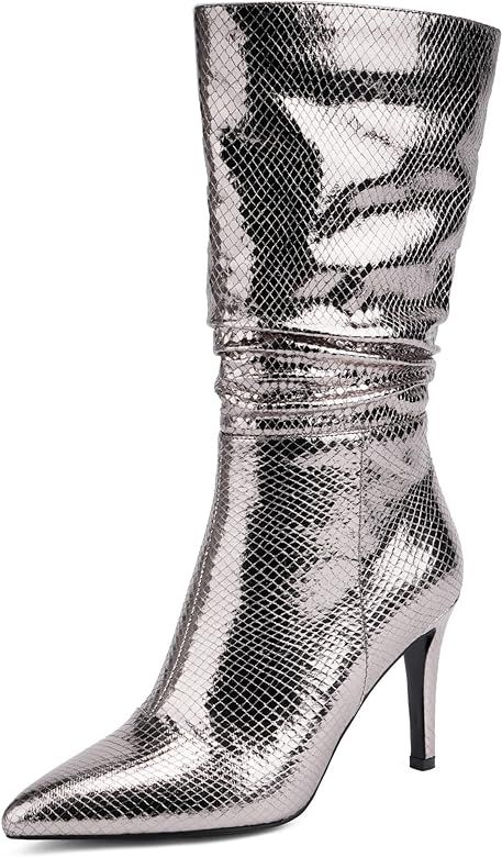 Modatope Mid Calf Boots for Women Sparkly Boots Metallic Snakeskin Zipper Boots Stiletto Pointed Toe | Amazon (US)