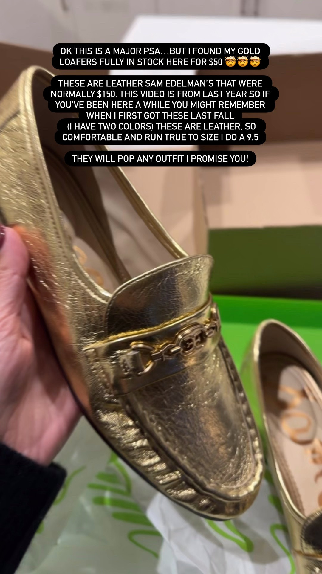 Sam Edelman loafers in gold, cream and black. I own these and they are amazing and I found them in stock for $50! Leather and great quality. Run TTS. I wear a 9.5.