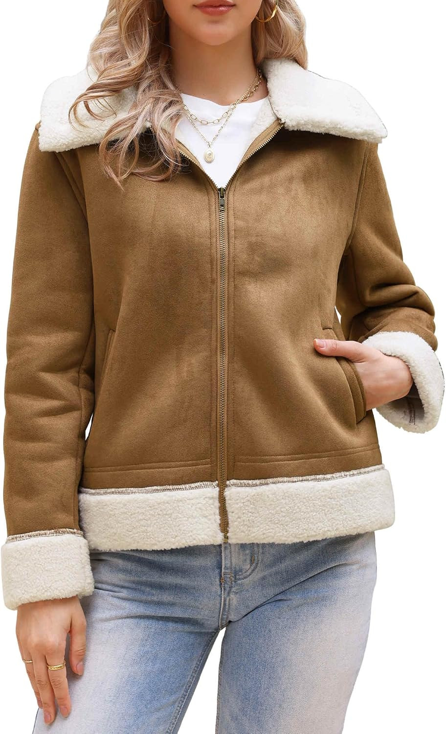 Allegra K Faux Suede Jacket for Women Faux Fur Shearing Fleece Outerwear | Amazon (US)