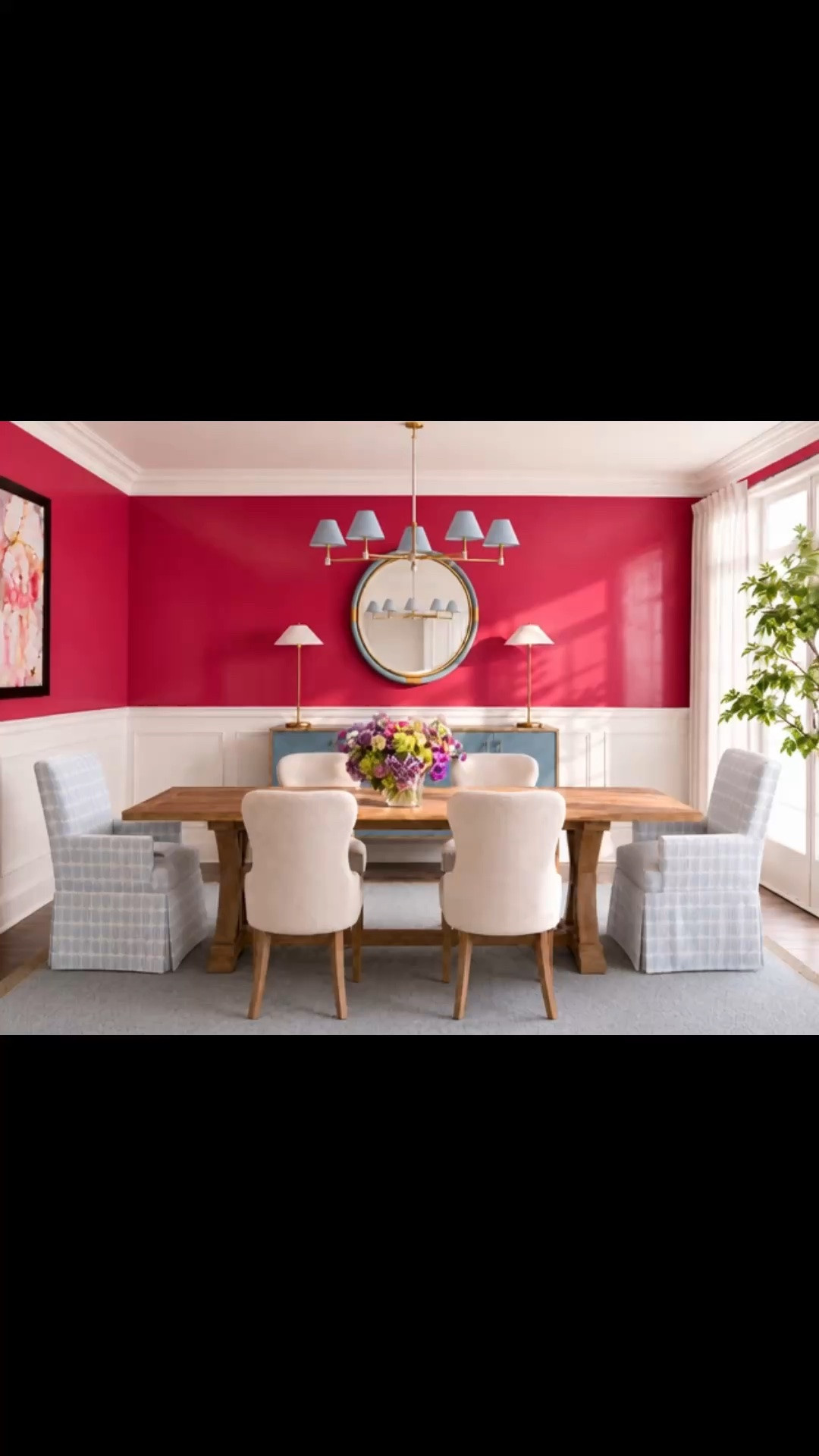 Coastal chic takes on a more expressive mood with a punch of August magenta. The glossy Lake Red walls bring cheerful, romantic energy into an otherwise serene dining room, creating a beautiful contrast with the soft coastal blues and relaxed natural textures. A modern farmhouse dining table grounds the space, while the upholstered skirted dining chairs add comfort, presence, and a polished touch of sophistication. The hand-knotted rug introduces subtle pattern underfoot, echoed by the blue-and-brass rattan mirror and beautifully detailed sideboard. Sheer drapes soften the sunlight, and the lush purple, blue, and green flower arrangement brings the entire palette together. Calm, coastal, colorful, and completely by choice.

20% off custom upholstery — last day at Serena & Lily.

#CoastalChic #DiningRoomDesign #LakeRed #Magenta #AugustColor #ModernFarmhouse #DiningTable #SkirtedDiningChair #UpholsteredDiningChair #HandKnottedRug #RattanMirror #Sideboard #SheerDrapes #FlowerArrangement #InteriorDesign #ColorfulInteriors #ModernClassic #DiningRoomInspiration

#LTKdayinmylife #LTKHome #LTKSaleAlert