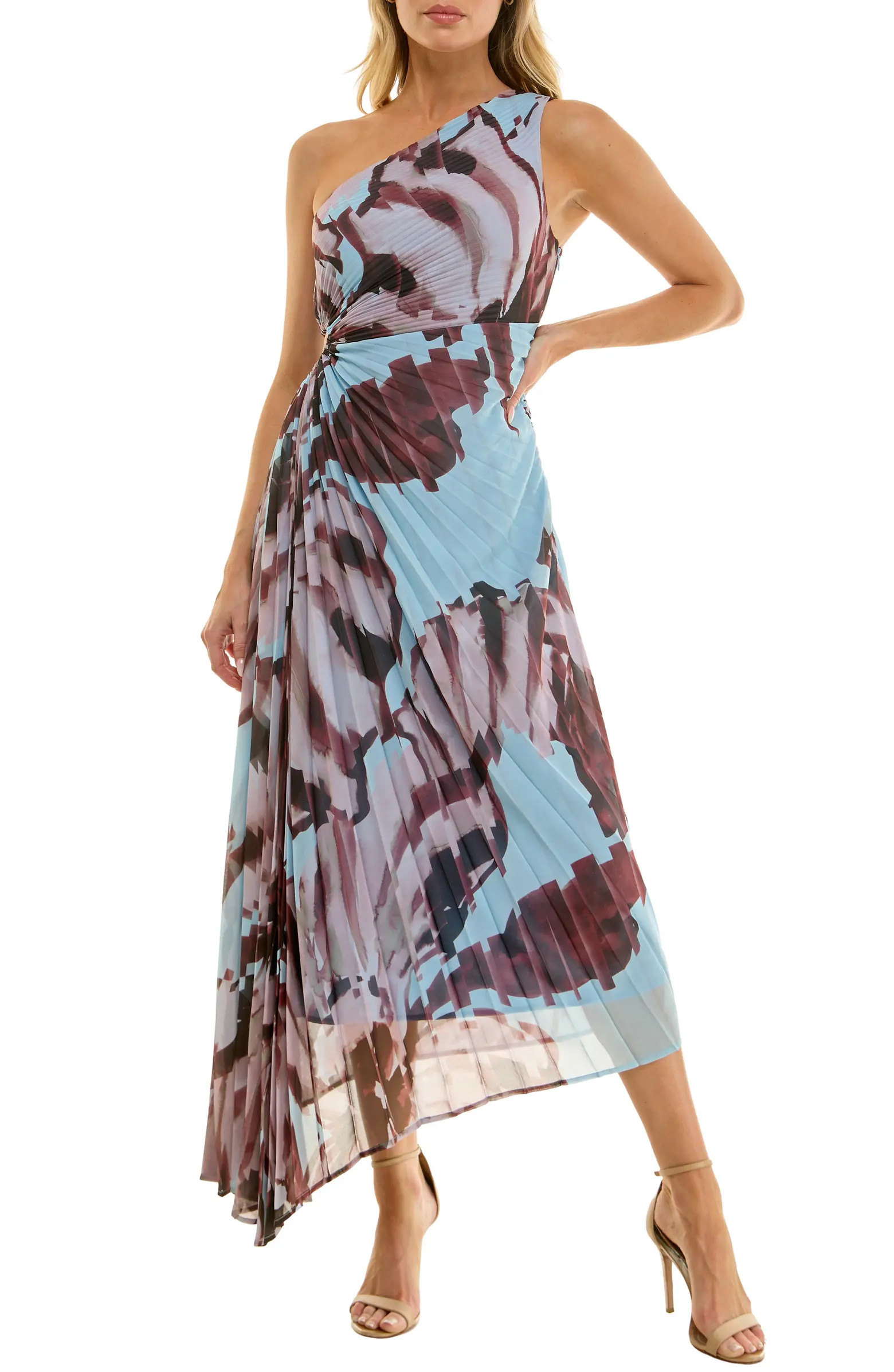 Floral Metallic Stripe One-Shoulder Pleated Dress | Nordstrom