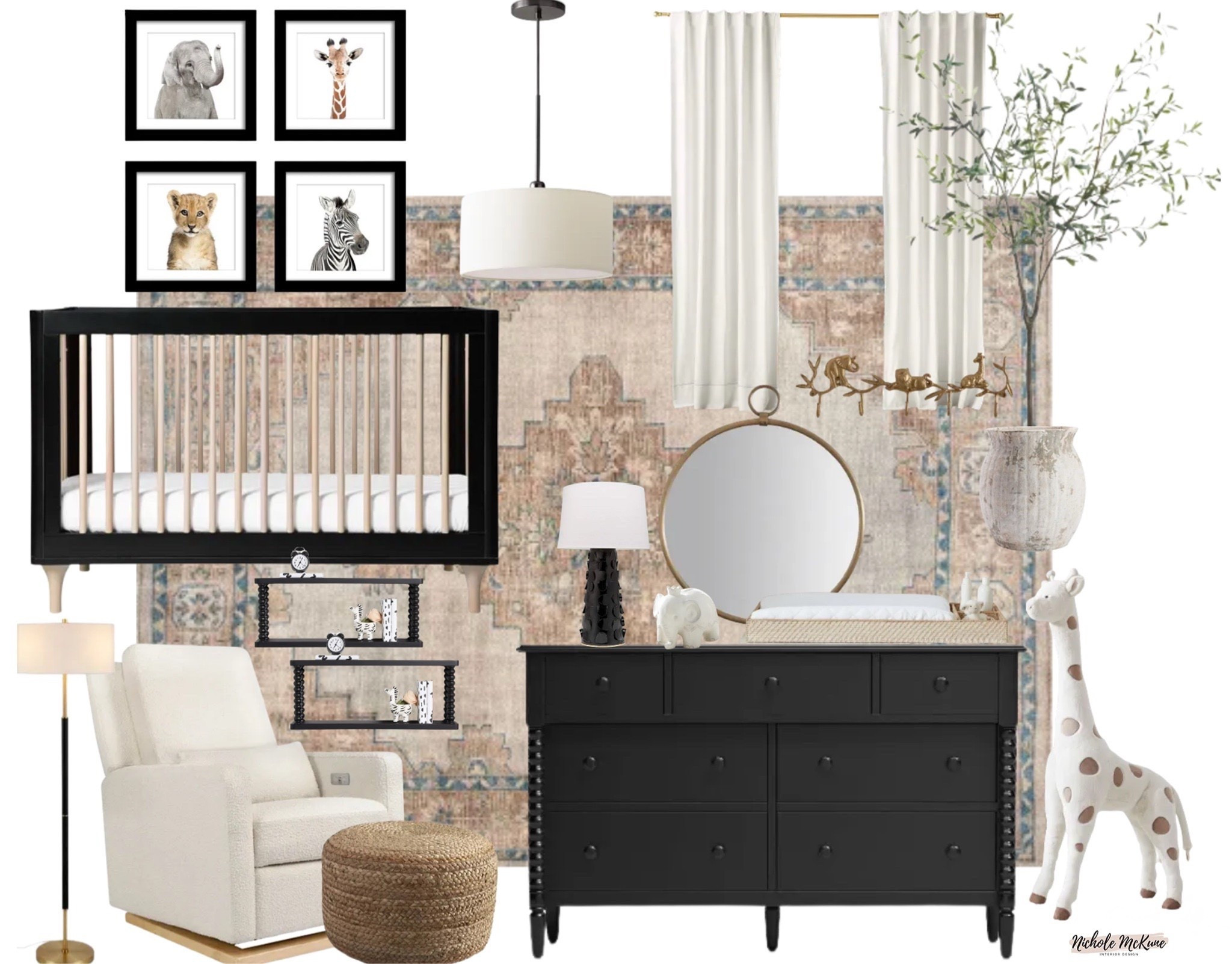 This safari nursery is giving playful, modern, and elevated.
The black crib and dresser add the perfect bold contrast, while the vintage-inspired rug, soft glider, woven textures, and sweet animal art keep the room warm and whimsical. A cozy, stylish space designed to grow with baby 🤍

Everything you see here is linked—tap to shop this full safari nursery look and recreate it at home.

#LTKhome #LTKnursery #LTKbaby #NurseryInspo #SafariNursery #NeutralNursery #BoldNursery #BabyRoomDesign #NurseryMoodBoard #ModernNursery #KidsRoomDecor #DesignerNursery #HomeDecorFinds #ShopMyHome