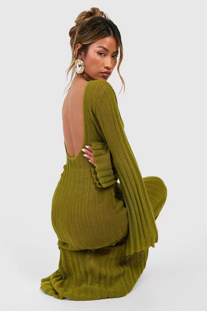 Crochet Flare Sleeve Scoop Back Knitted Dress | boohoo (US & Canada)
