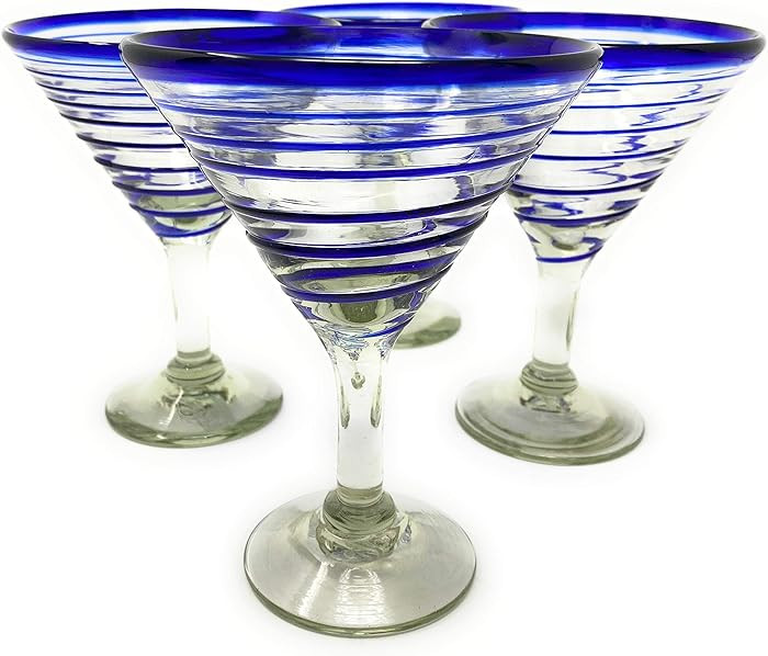 Mexican Hand Blown Glass – Set of 4 Hand Blown Modern Margarita Glasses - Blue Spiral (12 oz) | Amazon (US)