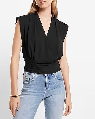Satin Faux Wrap Pleated Waist Top | Express