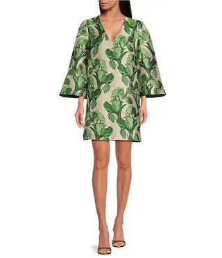 Buru Le V Mod Brocade V-Neckline Bell Sleeve Mini Dress | Dillard's | Dillard's