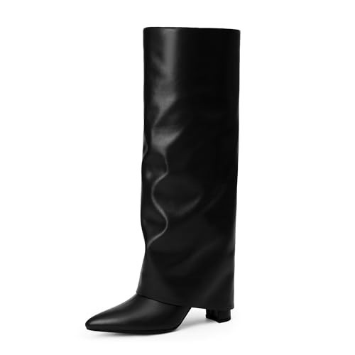 Modatope Women's Black Fold Over Knee High Boots - Chunky Heel, Pointed Toe, Dress Tall, Size 10 | Amazon (US)