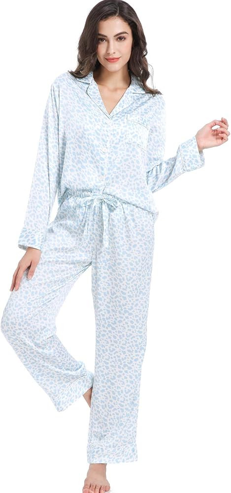 Serenedelicacy Women's Satin Pajama Set Long Sleeve Button Down Sleepwear 2-Piece Striped Silky P... | Amazon (US)