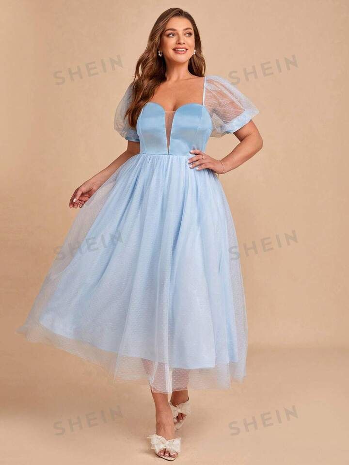 SHEIN Belle Plus Sweetheart Neck Puff Sleeve Mesh Overlay Bridesmaid Dress | SHEIN