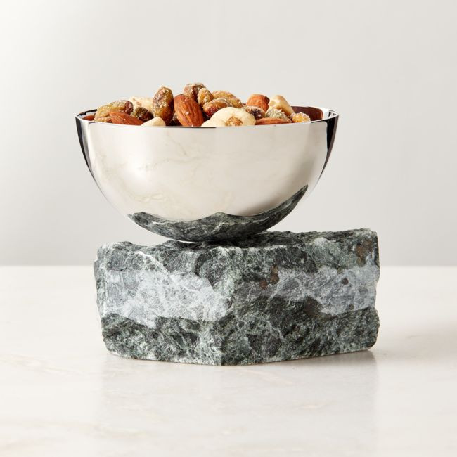 Laftin Polished Stainless Steel and Green Marble Snack Bowl 4 | CB2