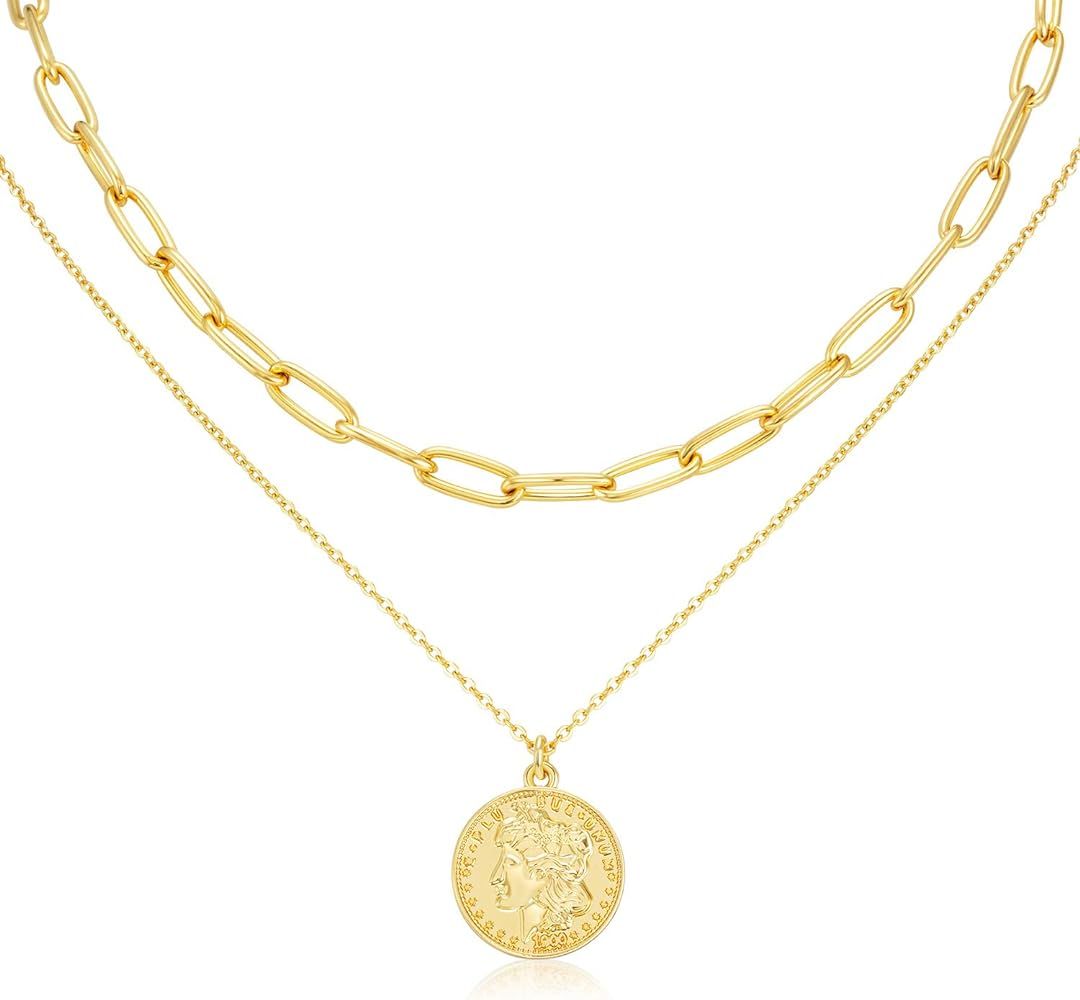 Layered 18k Gold Plated Necklaces for Women - Multilayer Coin Medallion Pendant Necklace Adjustab... | Amazon (US)