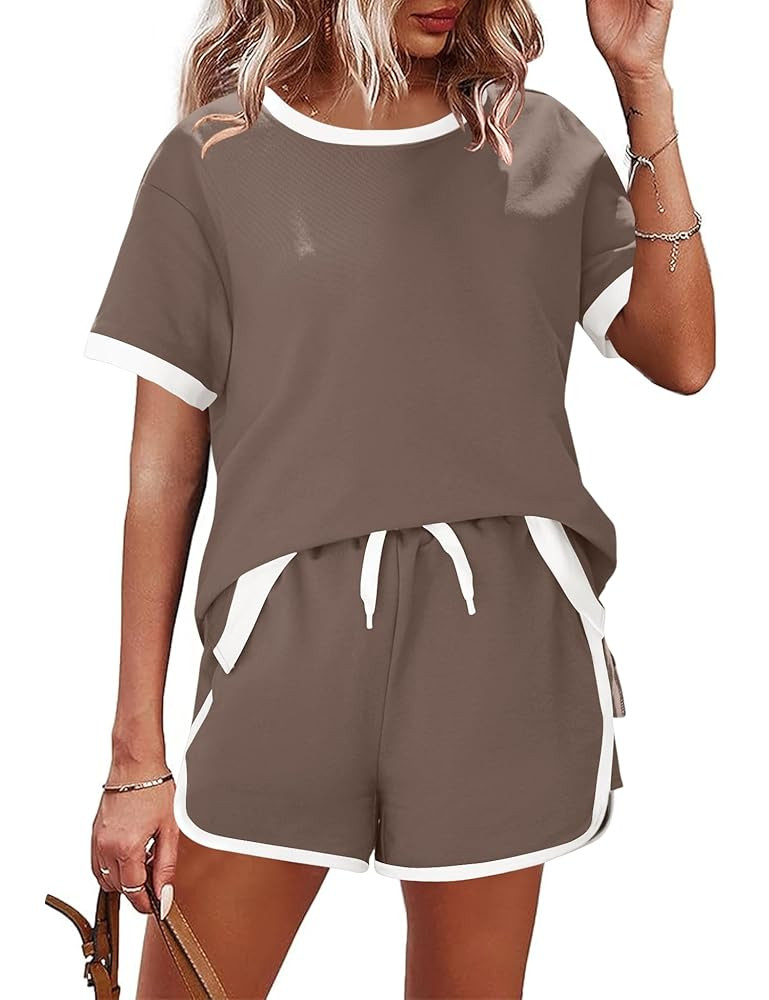 AKEWEI Shorts Sets Women 2 Piece Outfits Casual Short Sleeve Crewneck Tops and Drawstring Shorts ... | Amazon (US)