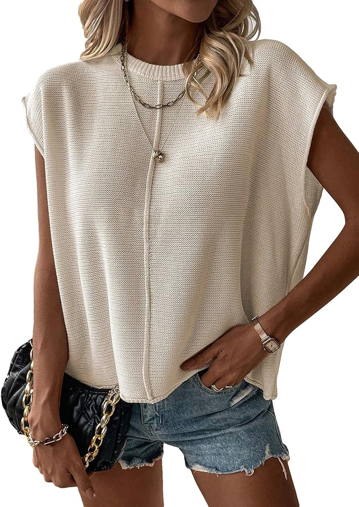 Milumia Women's Casual Cap Sleeve Crew Neck Pullover Sweater Vest Loose Fit Knit Tops | Amazon (US)