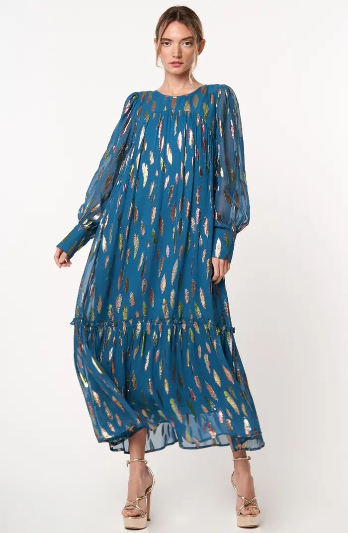 Eryn Metallic Print Tie Waist Long Sleeve Maxi Dress | Nordstrom