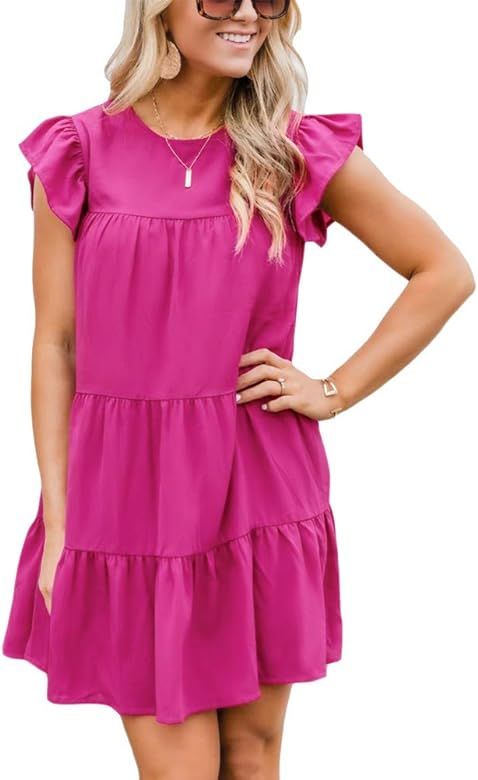 Women Casual Babydoll Ruffle Sleeve Round Neck Loose Flowy Mini Tunic Short Dresses | Amazon (US)