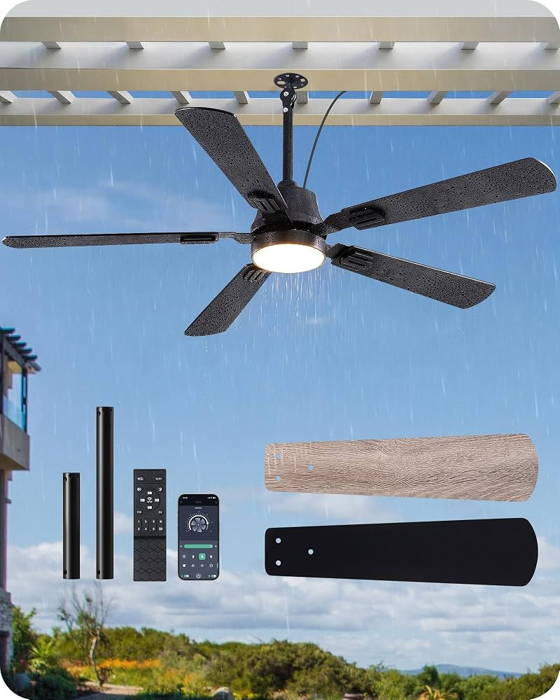 EDISHINE 52" Outdoor Ceiling Fan with Light, IP66 Waterproof Gazebo Hanging Fan, 5200 CFM, 3CCT, ... | Amazon (US)