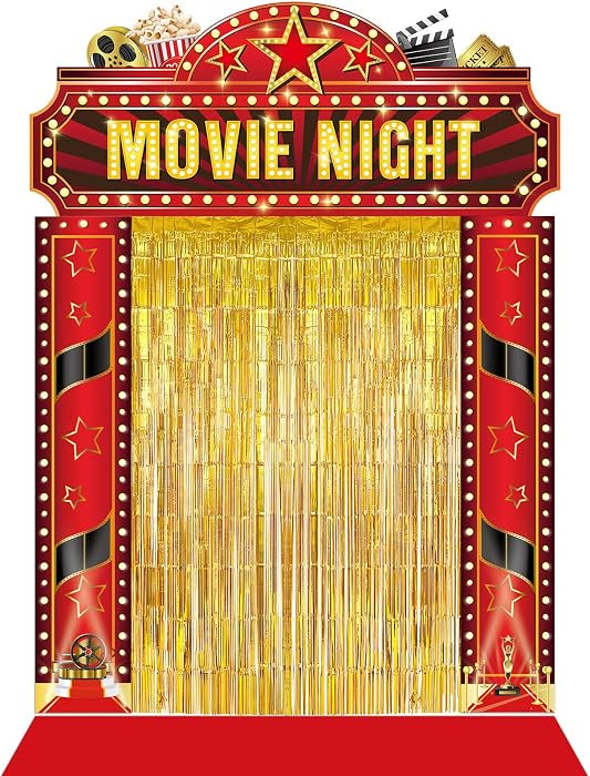 Movie Night Porch Sign Banner Movie Themed Party Decorations Gold Foil with Red Carpet Runner Mov... | Amazon (US)