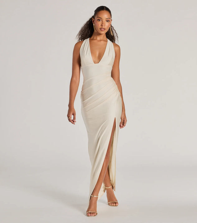 Jenn V-Neck Strappy Back Slit Long Formal Dress | Windsor Stores