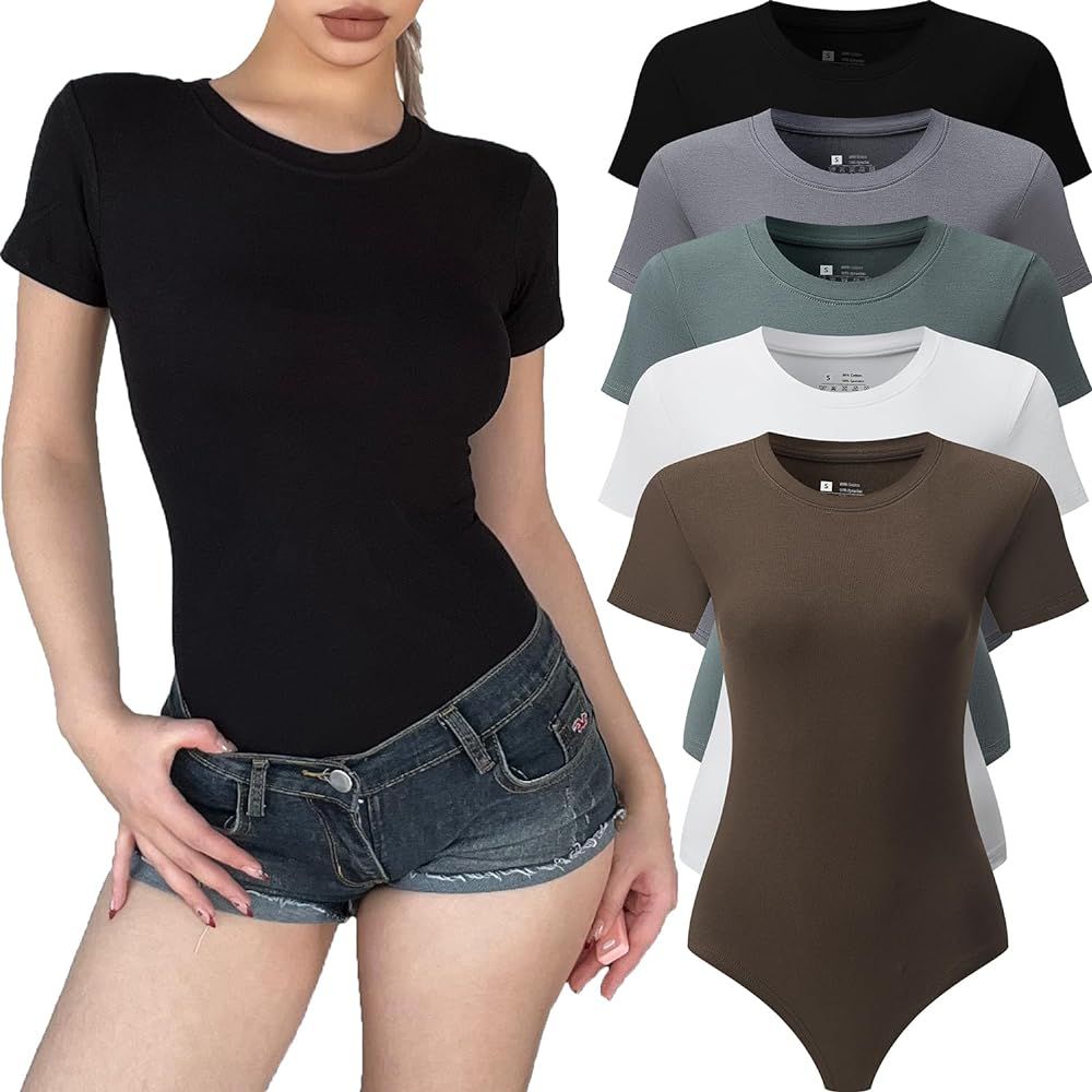 FMNNNN 5 Pack Body Suits for Womens Short Sleeve Bodysuit Crew Neck Casual Stretchy Basic T Shirt... | Amazon (US)