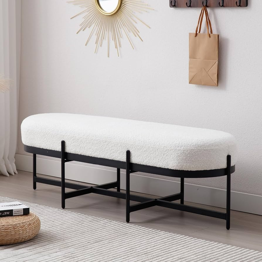 ZSARTS 55" White Entryway Bench, Sherpa End of Bed Bench for Bedroom Upholstered Long Ottoman Win... | Amazon (US)