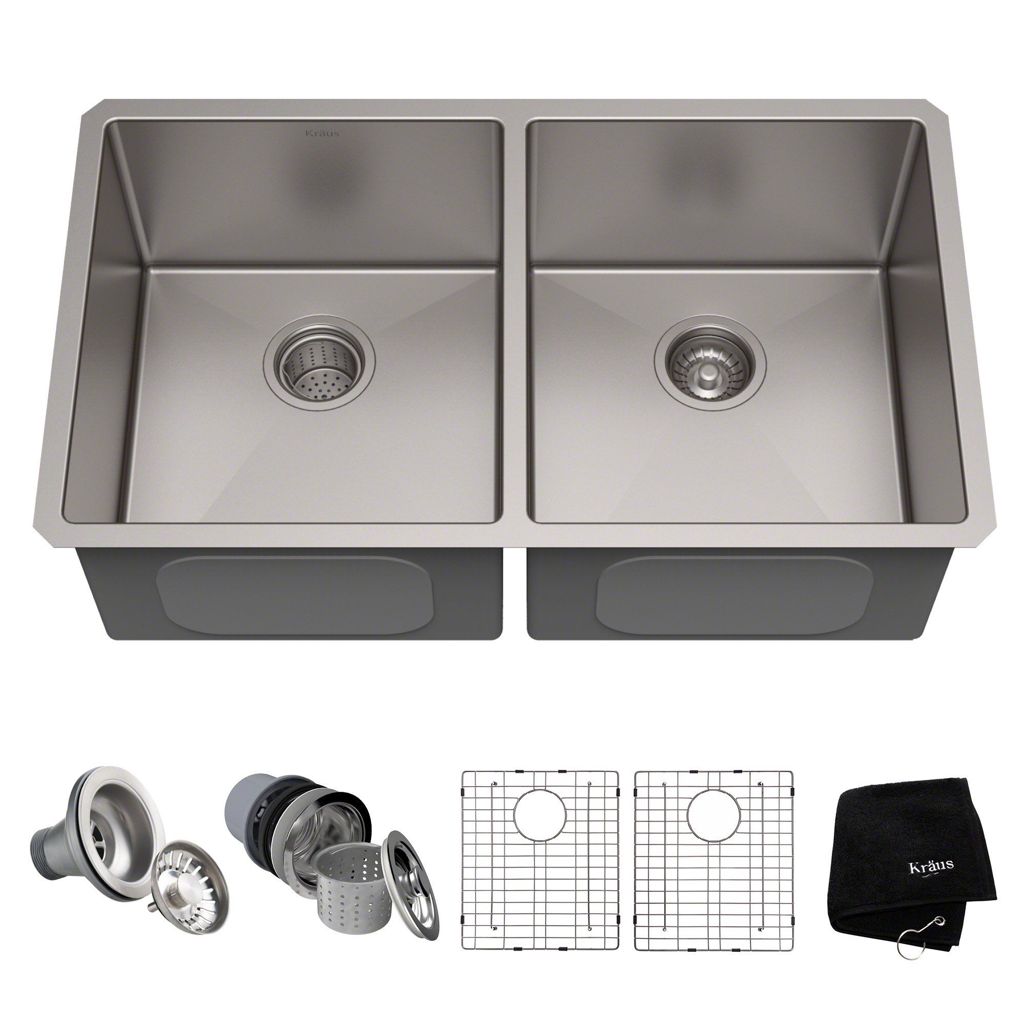 Kraus Standard PRO 33-inch 16 Gauge Undermount 50/50 Double Bowl Stainless Steel Kitchen Sink, KH... | Amazon (US)