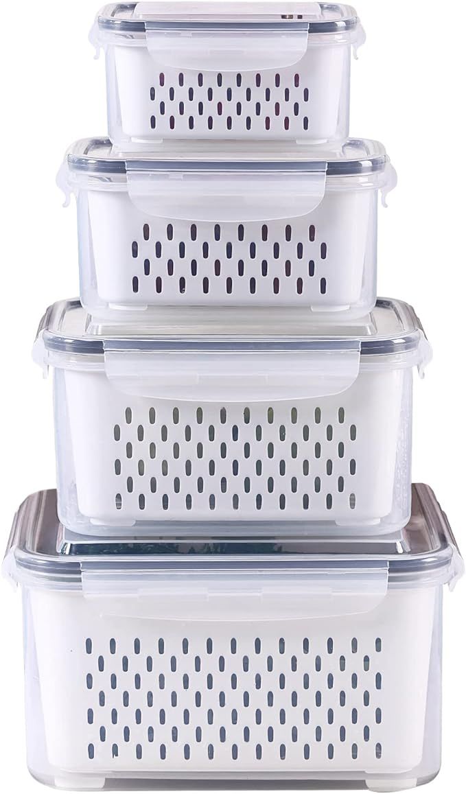 Ronanemon 4 Pack Fridge Food Storage Container Set with Lids with Strainer, Fruit Vegetable Stora... | Amazon (US)