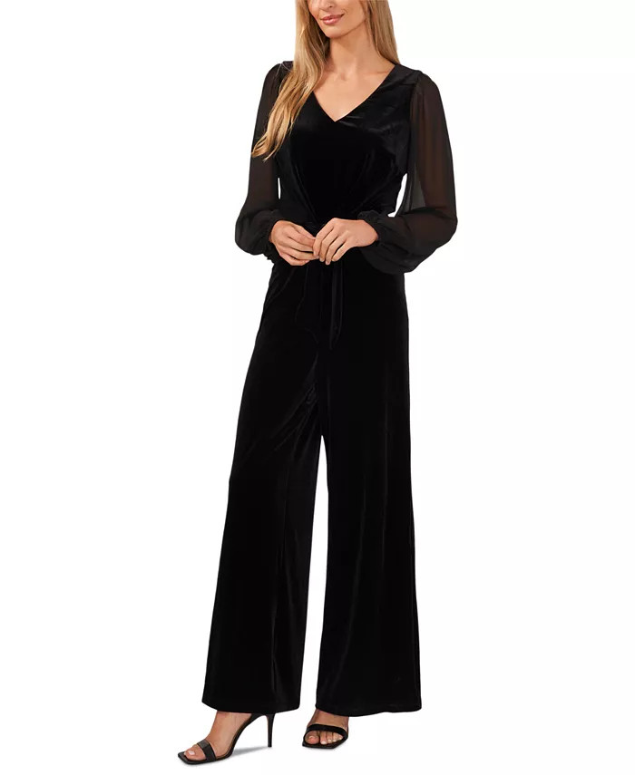 CeCe Women's Long-Sleeve Tie-Waist V-Neck Jumpsuit - Macy's | Macy's