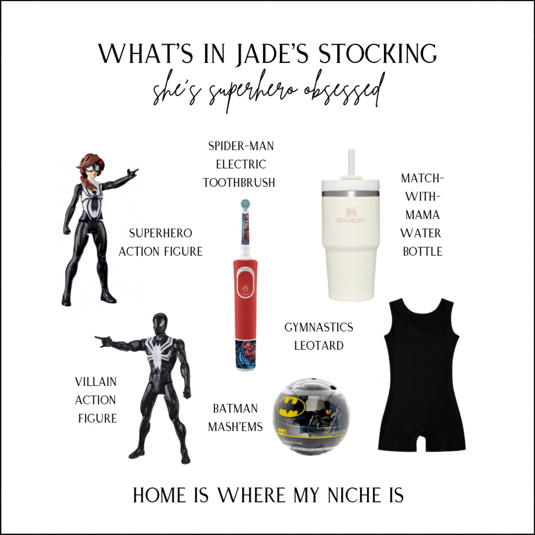 K I D S 🎅🏻 / just finished shopping
for Jade’s Christmas stocking. She’s in Kindergarten & superhero obsessed 💯

+ superhero action figure 
+ villain action figure
+ Spider-Man electric toothbrush
+ matching with mama (not all superhero’s wear capes) cream Stanley water bottle
+ gymnastics biker leotard

Walmart Canada | Amazon Canada | Kids Christmas Gifts | Stocking Stuffers | Little Girl | Little Boy | Gender Neutral 

#LTKfindsunder50 #LTKGiftGuide #LTKkids