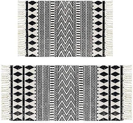 HEBE Cotton Area Rug Set 2 Piece 2'x3'+2'x4.2' Machine Washable Black and Cream White Hand Woven ... | Amazon (US)