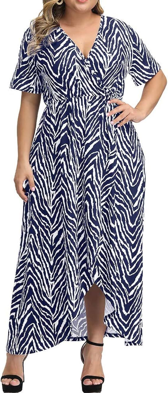 ALLEGRACE Women Plus Size Maxi Dresses Snakeskin Wrap V Neck Summer Casual Flowy Long Dress | Amazon (US)