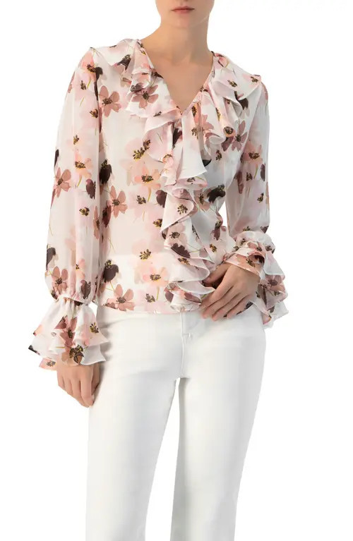 IVONNE Floral V-Neck Blouse with Ruffle Detail in Multicolor at Nordstrom, Size 12 | Nordstrom
