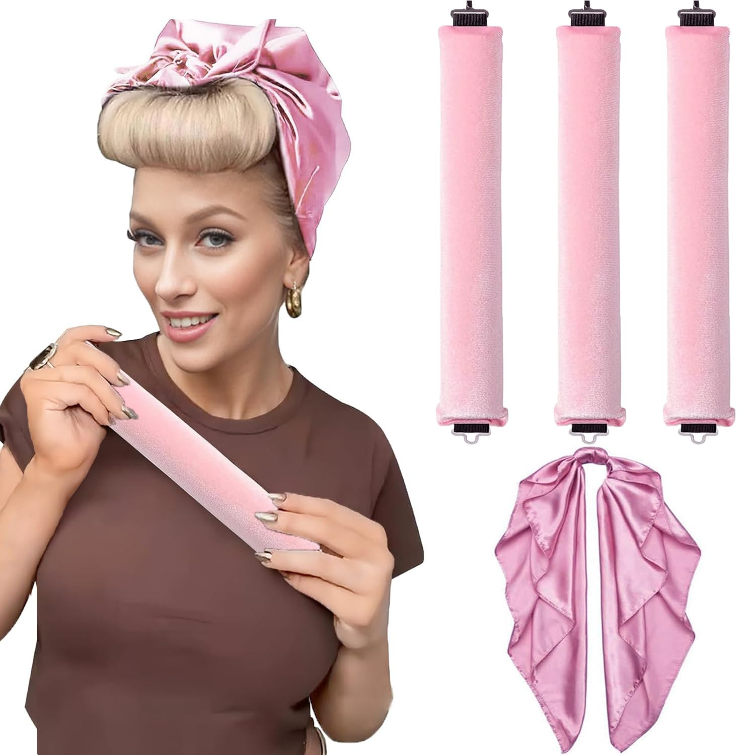 Heatless Hair Curler,Overnight Heatless Curls Blowout Rods Headband for All Hair Types,Flexi Rods with Hook,No Heat Curls to Sleep for Curl Rods,Women Long Hair Styling Tools,with a headscarf(3PC,Pink) | Amazon (CA)